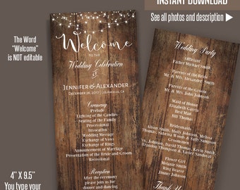 Printable Wedding Program, Wedding Template, Rustic Wedding program, Self Editable PDF template A201
