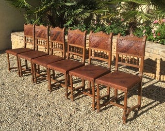Antique French Dining Chairs Pressed Leather Seats and Backs Set of Six Floral Design #7198