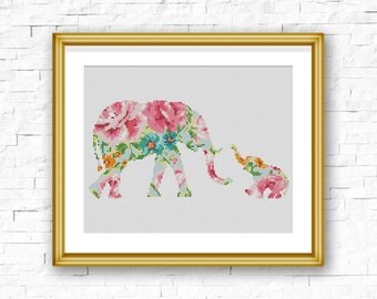 BOGO FREE! Elephant Cross Stitch Pattern, Floral Baby Elephant Flowers Counted Cross Stitch, Animal Modern Home Decor, PDF Download #025-4-2