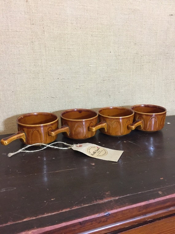 Honey Glazed Ramekins - Set of 4 Retro Souffle Pots with Handles - Retro 1960s - 70s Kitchenalia - Rustic Country Farmhouse Kitchen
