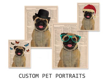 Custom pet portrait, Vintage style on Dictionary page, Pet with Glasses, Dog with Bowler hat, Butterflies, Personalized gift, DIGITAL FILE