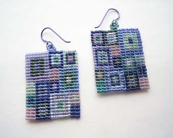 Purple glass earrings, seed bead earrings, bead woven earrings, delica bead earrings, mosaic earrings, glass square earrings, patchwork