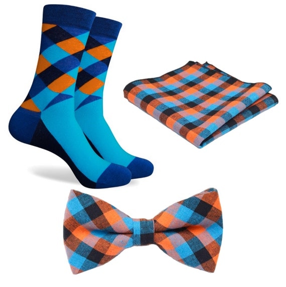 Matching Mens Socks BowTie & Pocket Square Aqua Blue Orange