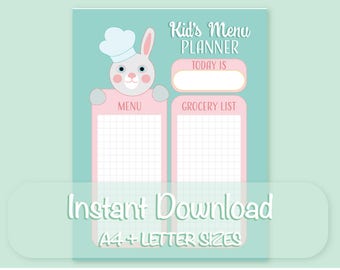 Bunny kids menu planner Bunny Easter planner Printable kitchen art Kids kitchen poster Printable menu Printable kids art Funny kitchen art