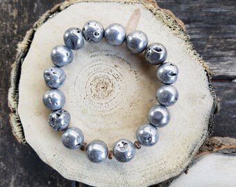 Silver Druzy Agate + Amber Wood Bead Chunky Bracelet – Men's + Women's Rustic Modern Jewelry by Idle King
