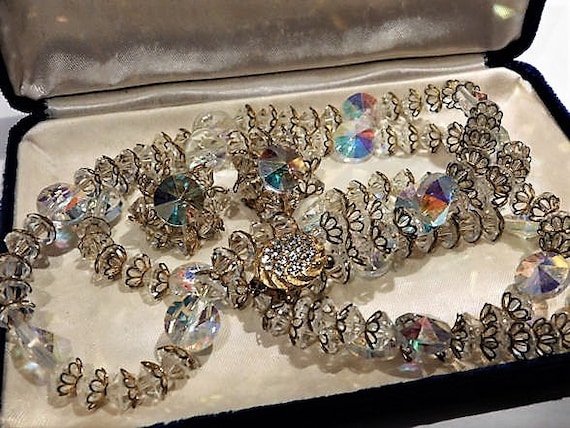 Mid Century 1950s Swarovski AB Rivoli Crystal Rhinestone Double Strand Necklace Clip On Earrings Demi Parure Wedding Bride Bridal Fashion