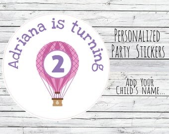 Purple Personalized Hot Air Balloon 1st Birthday Party Favor Tags, Fairytale Theme, Bag Tags, Thanks for Coming, Stickers, Unicorn