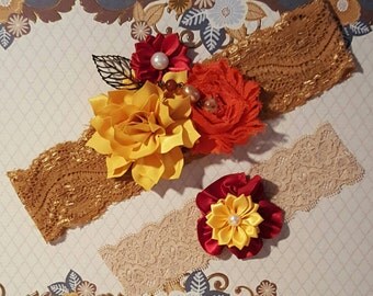 Fall Wedding Garter Set,Goldenrod Wine and Honey Garter, Buttercup Pumpkin and Cranberry Garter,Yellow Garter with Leaf and bead accents