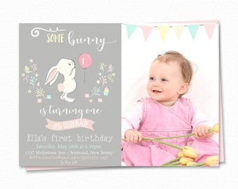 First Birthday Party Invitation - Bunny Birthday Invitation - Girls Birthday Invite - Bunny Party Birthday Invite - Rabbit Birthday Invite