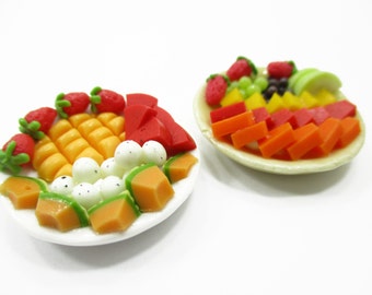 Dollhouse Miniature 2 Plates Of Mixed Fresh Fruit Ceramic Plate Supply Charms 13681