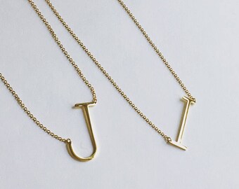 Sideways Initial Necklace Huge Letter Necklace Large Monogram Necklace Gold