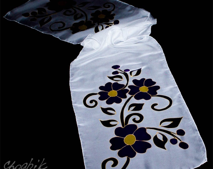 Armenian Gift Silk Scarf for Her - Batik Forget-Me-Not - Hand Painted silk scarf