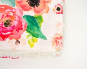 Baby Blanket, Floral baby blanket, baby girl, floral nursery, crib blanket, car seat blanket, bohemian floral, coral, minky, faux fur, baby