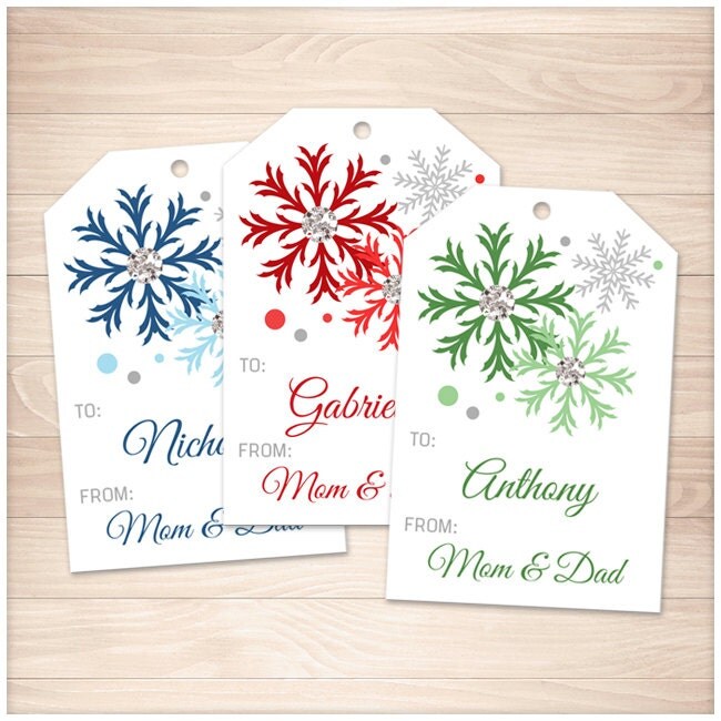 Printable Snowflake Gift Tags Personalized 3 colors Blue