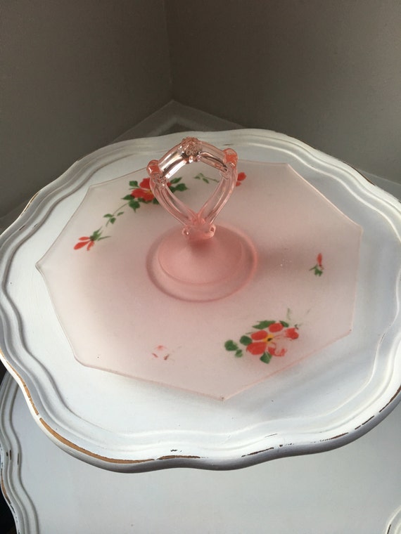 Vintage Pink Frosted Glass Serving Plate with Handle