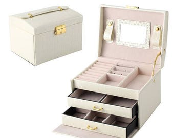 White PU Leather Jewelry Box Organizer Rings Necklace Storage Container (1pc) w/ Free Shipping