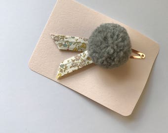 Pom Pom Hair Clip // Rose Gold Clip // Liberty of London Fabric // Gray // Neutral Floral // Baby Hair Clip // Toddler Hair Clip