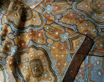 vintage 1960s Silk Scarf designer Echo scarf Brown Chiffon Wrap Medallion Paisley Pattern Asia India pattern authentic Print Neck Foulard