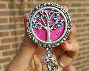 Labor and Delivery badge reel. Custom Tree of Life: hot pink, light blue and pink flower charms. Card holder. L&D, OB nurse ID badge