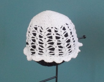 Newborn Cotton Bonnet/ White Crocheted Hat/ Baby Girl Easter Hat/Crochet Lace Cap