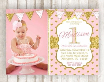 Pink and Gold First Birthday Invitation Pink and Gold Birthday Invite Printable Invite 1st Birthday Invite Gold Glitter Invitation BRPG11