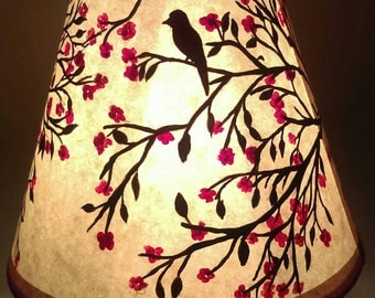 4" x 5" hand painted lamp shade. Cherry tree, blossoms and birds
