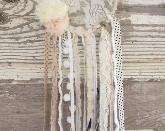 Shabby Dream Catcher, Bohemian, Nursery, Decor, Newborn, Baby Girl, Baby Boy, Neutral, Ribbon, Lace, Flowers, Feathers, Pom Poms