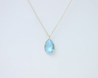 Pear Shaped Blue Topaz Necklace Set In 14K Solid Gold 16"