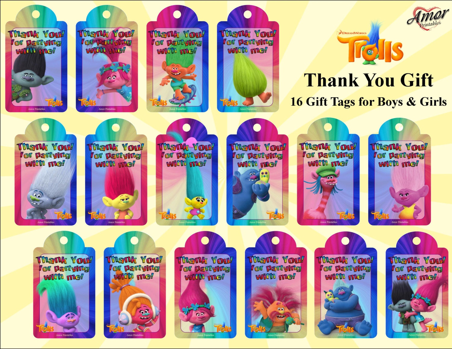 Trolls Gift Tags plus Bonus Mini Hershey Wrappers Trolls