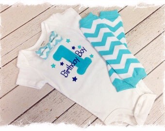 Baby BOYS FIRST BIRTHDAY Outfit, Boys Bow Tie Birthday Outfit, Aqua Chevron Leg Warmers, Birthday Boy Bodysuit, Cake Smash, Boys 1st B-day