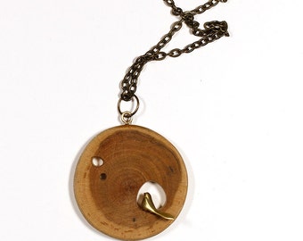 Wooden Necklace With Brass Bird, Natural Jewelry, Wooden Jewelry, Unique Necklace