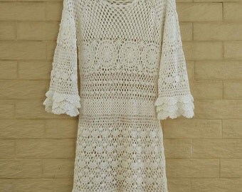 White Crochet Dress Women Boho Bohemian Hippie Gypsy Handmade