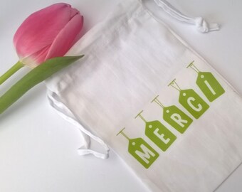 Petit sac tissu étiquettes : "MERCI" greenery personnalisable