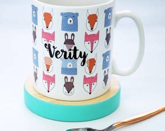 Woodland Animals Mug - Personalised Scandi Animal Mug - Scandi Print Animal Mug