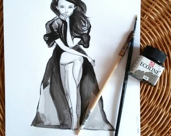 Fashion original illustration / unique art piece / inspired From Julianne Moore / mode / Black dress / sexy robe noire / movie poster
