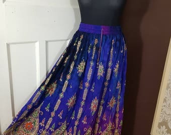 Ladies Boho Hippie, Gypsy, Long Skirt, Party Sequin, Rayon Tie/Dye, Block Painted, Blue/Purple Floral Pattern, Handmade freesize XS S M L