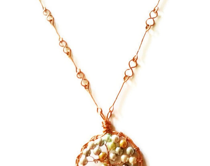 Copper and Swarovski Glass Pearl Tree of Life Pendant Necklace