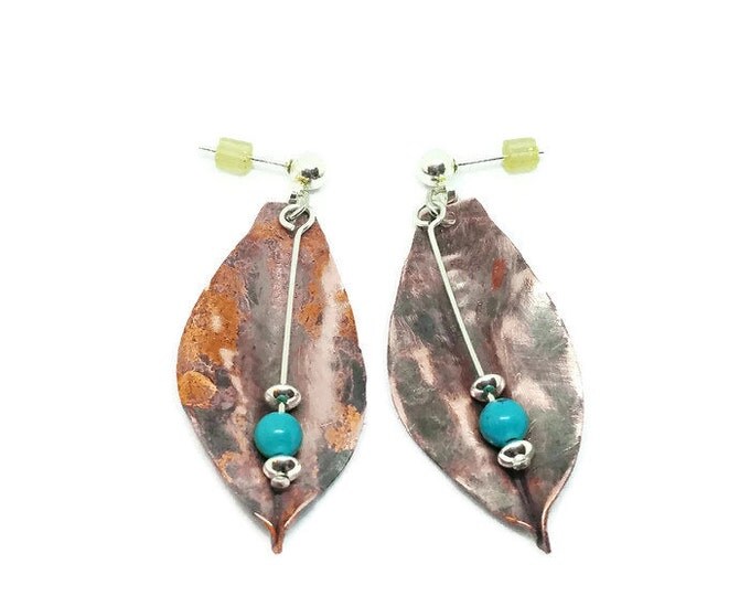 Copper and Sterling Silver Turquoise Earrings, Mixed Metal Earrings, December Birthstone Jewelry, Fold Formed Copper Earrings