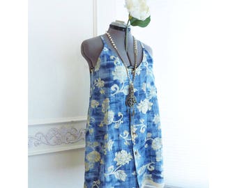 Racerback tank, Upcycled Hawaiian shirt, tunic, blue floral, size small, ooak, Hawaiian print top, summer top. boho, hippie, FREE SHIPPING