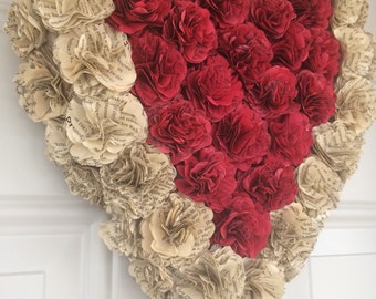 Valentines Wreath, paper wreath, heart wreath, book page wreath, wedding, anniversary, literary romantic decor, bridal shower centerpiece