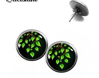 Earrings stainless steel cabochon jewelry of Green Green Black branch
