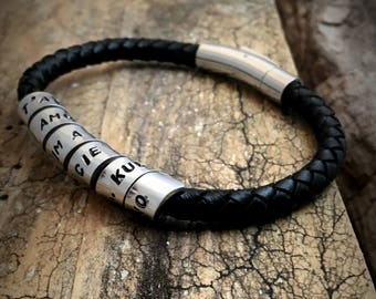 Men's Secret Message Leather Bracelet, Mens Scroll Bracelet, Mens Stamped Custom Bracelet, Father's Day Gift