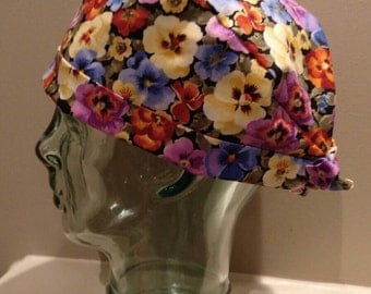 Pansies flowers OR hat, scrub hat, surgical hat, pixie chemo hat, scrub cap, floral women's scrub hat with ties, pixie tie back scrub hat