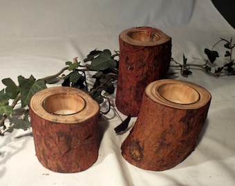 Set of 3 Scots pine candle holders.