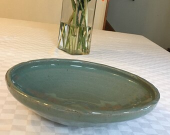 Wide Low Serving Bowl with celadon glaze