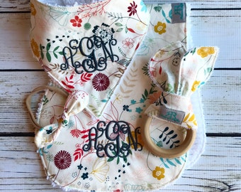 Personalized Baby Gift Set | Monogrammed Baby Bib | Wildflower Bib | Gift for Baby Girl | Baby Shower Gift | Organic Teether | Bandana Bib
