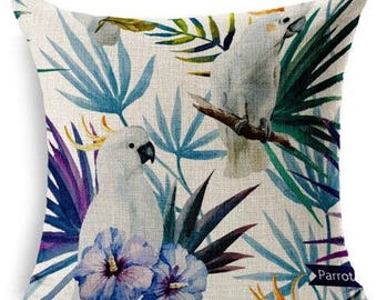 Housse de coussin Perroquets Jungle| Coton et lin beige | Décoration d'intérieur | Salon & Chambre| Design Scandinave | Décoration intérieur