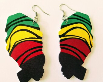 African earrings, African Jewelry, Large earrings, Africa queen earrings, Ethnic Jewelry, Wooden earrings, African queen, Rasta colors