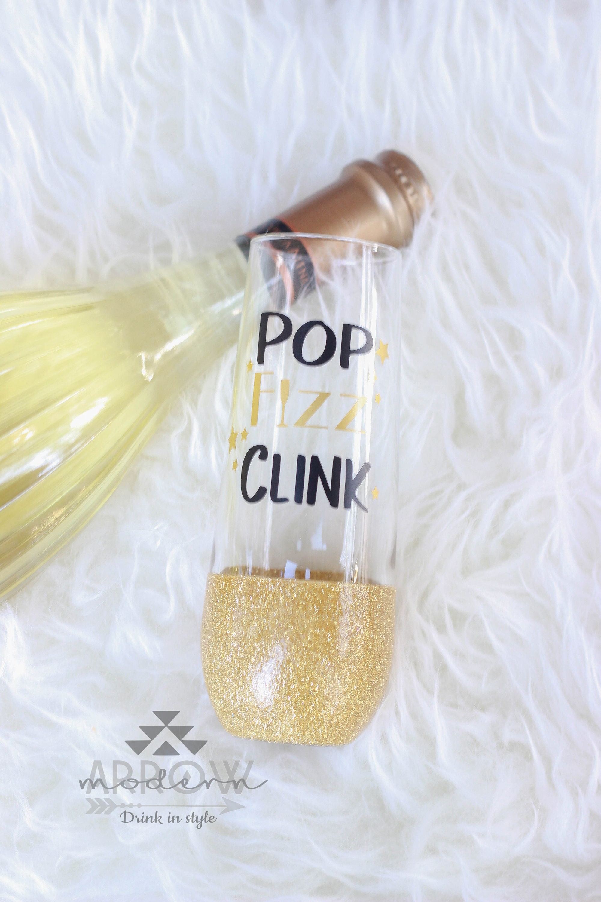 Pop Fizz Clink / Glitter Champagne Glass / Stemless Champagne