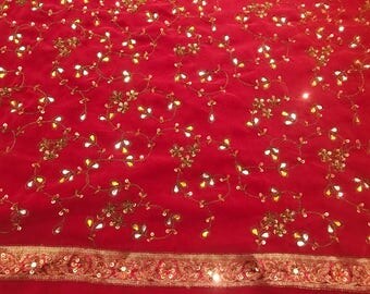 Indian Bollywood Saree, bordeaux colour, with Sequims and Crystal Stones (used)